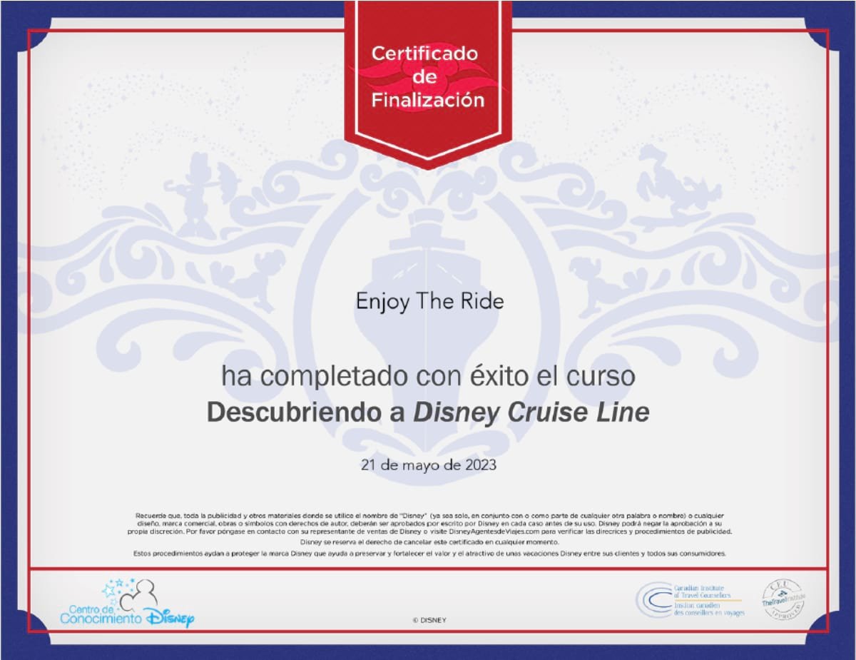 Enjoy the Ride Certificado Disney Cruise Line